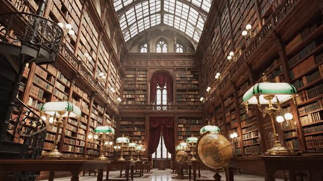 Grand historic library interior with tall bookcases spiral staircase reading tables and globes
