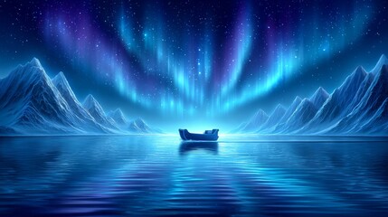 3D animation of a flying sleigh landing at the North Pole under auroras