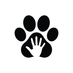 Human hand inside dog paw print silhouette symbol