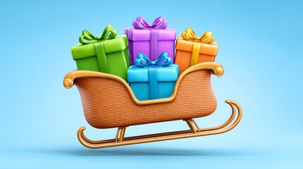 3D illustration of a flying sleigh dropping colorful presents mid-air