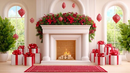 3D render of a Christmas fireplace scene with flying ornaments and presents
