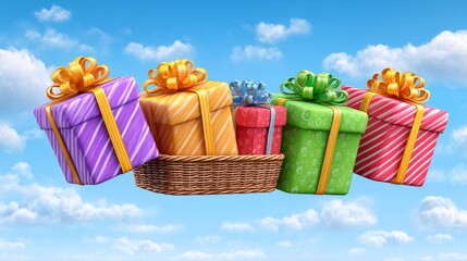 3D illustration of a flying sleigh dropping colorful presents mid-air