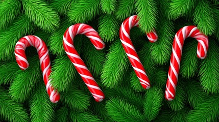 A Christmas tree with classic red candy canes evenly spaced on each branch