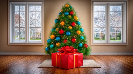 A Christmas tree with only one single large present underneath