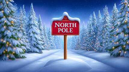 A North Pole signpost surrounded by snow and twinkling lights