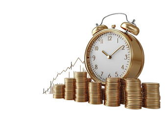 Gold clock atop coins, ascending graph