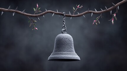 A bell with cracks and silver thorns hanging in a dark cathedral