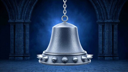 A bell with cracks and silver thorns hanging in a dark cathedral