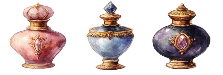 Ornate fantasy perfume bottles with gems, pink, blue, purple