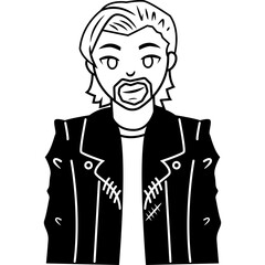 Stylized Full Body Portrait of a Man with Beard and Medium Length Hair Wearing a Black Leather Jacket and White T-Shirt Against a Transparent Background
