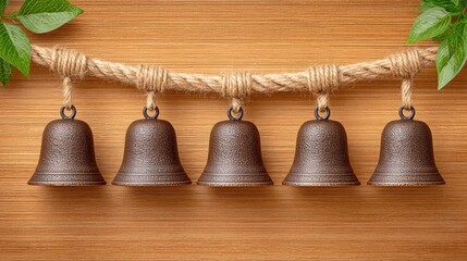 A bundle of rustic bronze bells tied with twine on a wooden wall