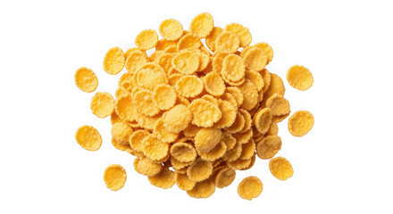 Pile of golden corn flakes isolated on transparent background, breakfast cereal