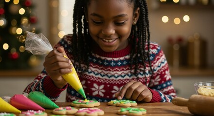 Festive holiday baking brings joy as a young girl decorates cookies with colorful icing.