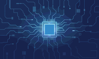 Abstract digital microchip technology background with glowing circuit board, futuristic processor design, high tech innovation, artificial intelligence, data connection, blue light