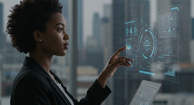 A tech-savvy woman interacts with a futuristic holographic interface in a modern office.