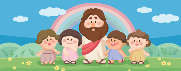 Cute Jesus and Children hand drawn Illustration with Rainbow and Flowers in Cartoon Style Vector Web Banner