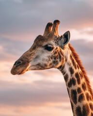 Obraz premium Close up side profile of giraffe with detailed fur and soft sunset sky background creating calm and natural atmosphere