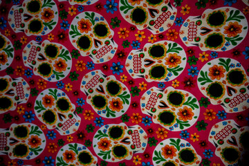 Day of the death pattern in fabric, colorfull día de muertos mexican traidtion