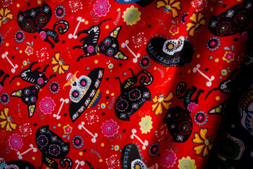 Day of the death pattern in fabric, colorfull día de muertos mexican traidtion