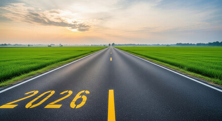 Long straight road with 2026 painted on asphalt, stretching into horizon through green fields under sunrise sky, symbolizing future journey and hope
