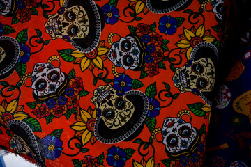 Day of the death pattern in fabric, colorfull día de muertos mexican traidtion