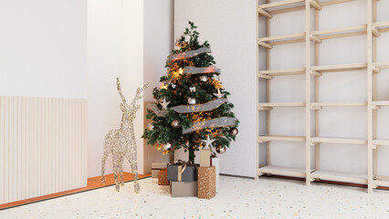 Modern minimalist interior with a decorated Christmas tree, gifts, and light-up reindeer