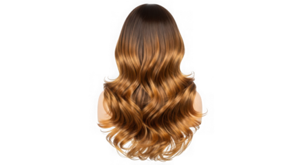 Back view of long wavy brown hair isolated on transparent background, a beautiful style