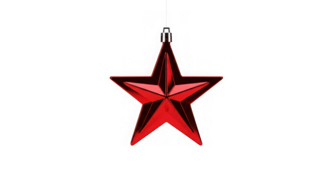 Red star christmas ornament hanging isolated on transparent background, festive decoration