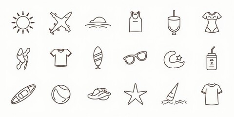 Collection of hand drawn summer and beach icons on white background