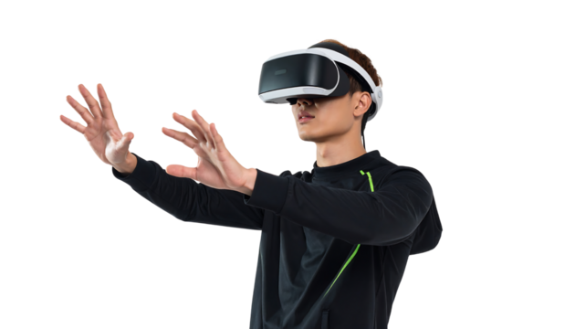 Young man wearing a vr headset with arms outstretched, wearing a black shirt, isolated on white