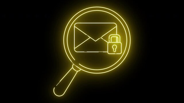 Glowing yellow neon outline of a magnifying glass with an envelope and padlock inside on a black background