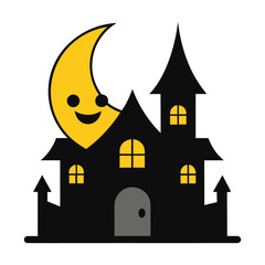 Haunted House Smiling With Moon Behind On White Background