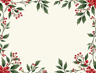 Elegant christmas holly berry border with green leaves on a cream background