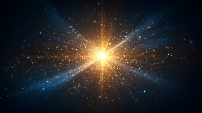 Shiny overlay of magic starburst, glowing flare, brilliant spark, glistering beam, lens flash, gold light, festive blue sparkle, fantasy explosion, Christmas sun design and celebration vector - Powered by Adobe
