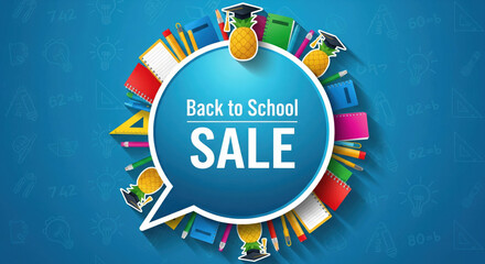 Back to school sale colorful stationery notebooks pencils rulers erasers cheerful blue background educational supplies academic discount shopping