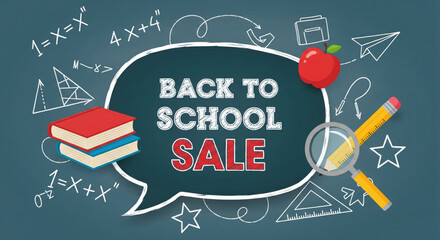 Back to school sale concept with books, apple, ruler, magnifier, and chalkboard background, featuring mathematical symbols and paper planes for cheerful academic theme