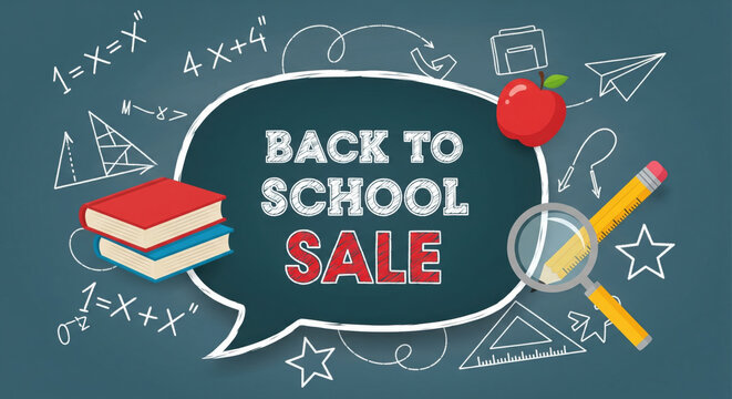 Back to school sale concept with books, apple, ruler, magnifier, and chalkboard background, featuring mathematical symbols and paper planes for cheerful academic theme