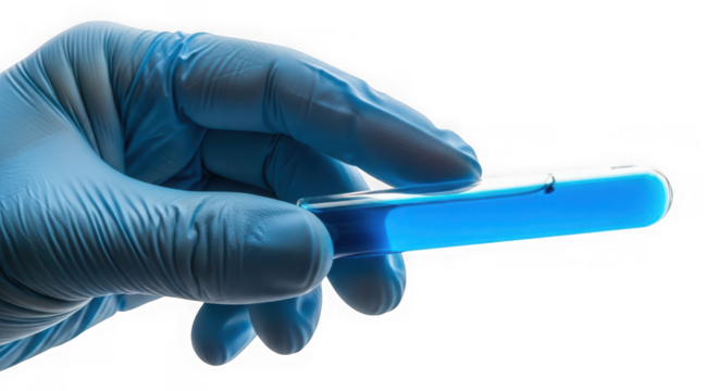 Hand in blue glove holding test tube isolated on transparent background