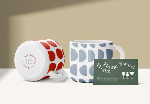Colorful Mugs With Geometric Patterns Mockup PSD