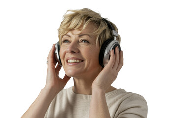 Woman listening to music with headphones, isolated on transparent background