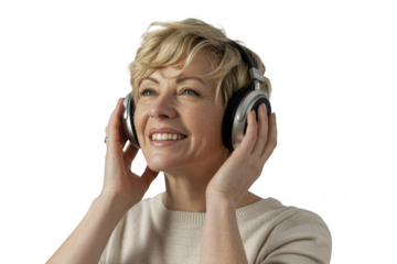 Woman listening to music with headphones, isolated on transparent background