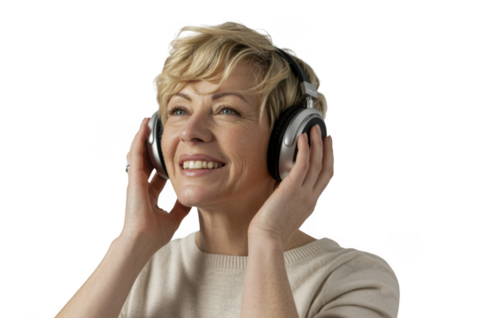 Woman listening to music with headphones, isolated on transparent background - Powered by Adobe