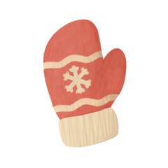 Red Winter Mitten with Snowflake Pattern, Hand-Drawn Decorative Christmas Element