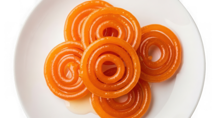 Pile of jalebi on a white plate isolated on transparent background