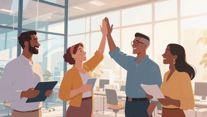 Diverse colleagues celebrate success with a high five in a modern office space