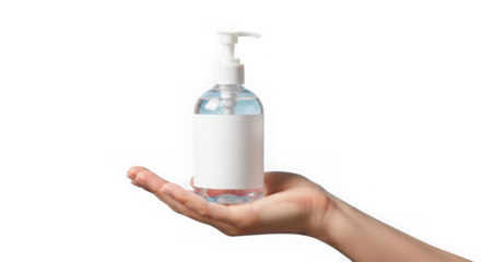 Hand holding hand sanitizer isolated on transparent background, a hygiene product