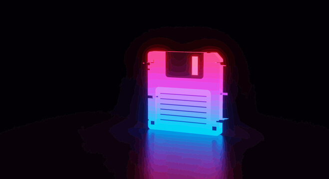 Floppy disk with a retro neon glow and vibrant reflections on a dark surface