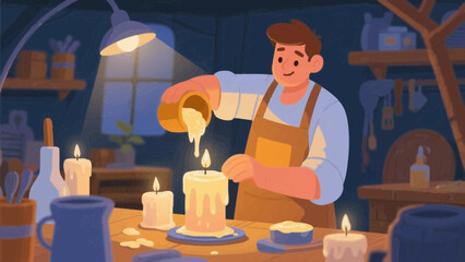 Man creating candles in workshop with warm light and craft equipment around him