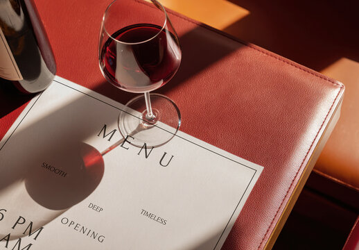 Elegant Wine Glass On Menu Mockup PSD