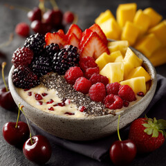 Colorful Fruit Bowl with Yogurt and Chia Seeds on a Pink Background